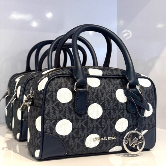 Michael Kors Thompson Extra-Small Polka Dot Signature Logo Satchel Bag Navy Blue - Picture 2 of 10
